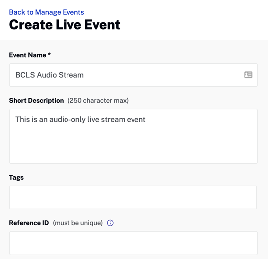 Crear evento en vivo
